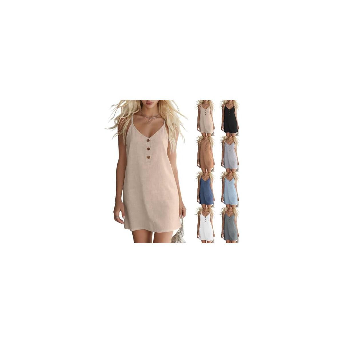 Linen Dresses for Women 2026 V Neck Spaghetti Strap Dress Casual Button Down Mini Sundress Summer Beach Dress