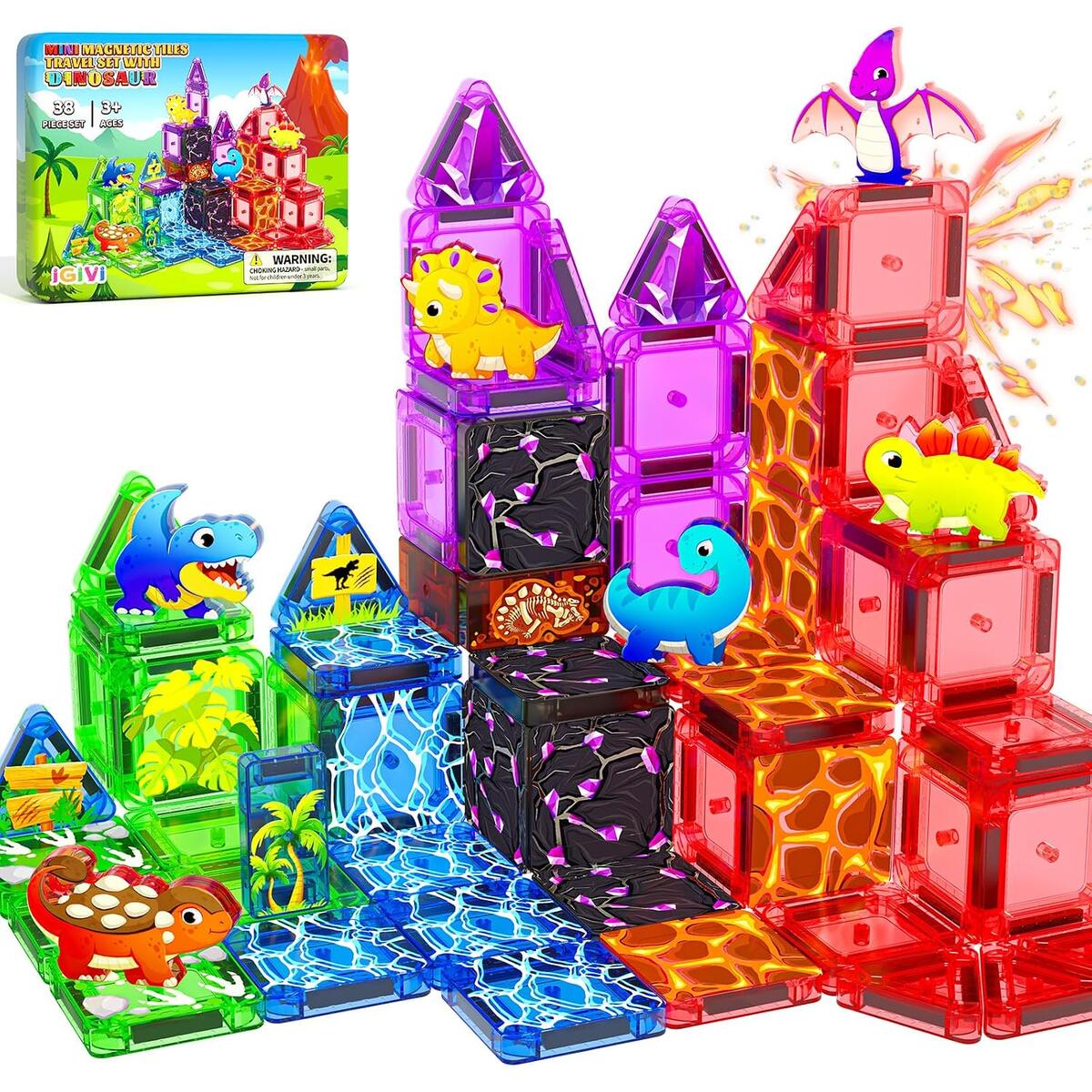 Mini Magnetic Tiles Dinosaur Toys, Portable Toddler Toys Travel Set