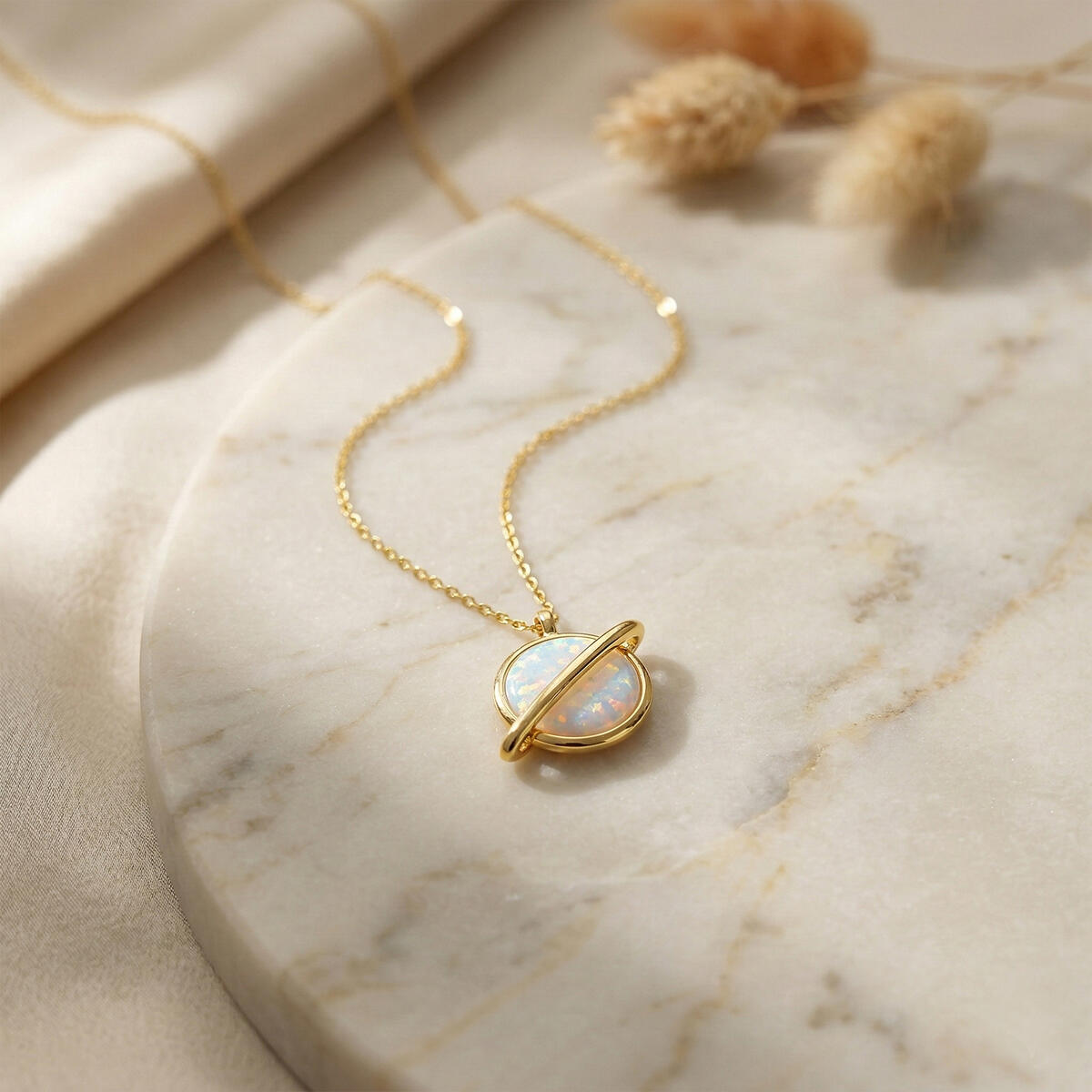 White Opal Saturn Necklace, Sterling Silver Celestial Pendant, Space Inspired Jewelry