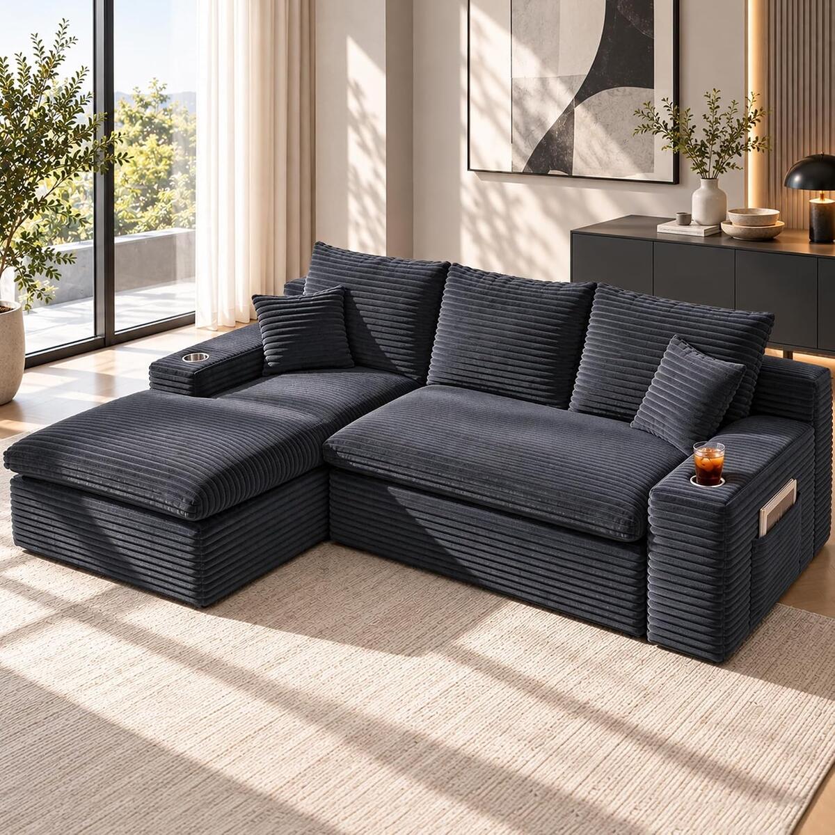 94.5" L-Shaped Sectional Sofa, Deep Seat Corduroy Couch, Left Chaise, Grey