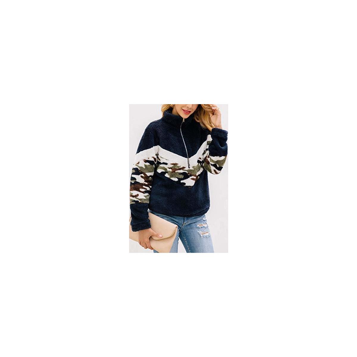 Womens Long Sleeve Camo Print Patchwork Fleece Pullover Tops Fluffy Jacket With Coupon - RebateKey