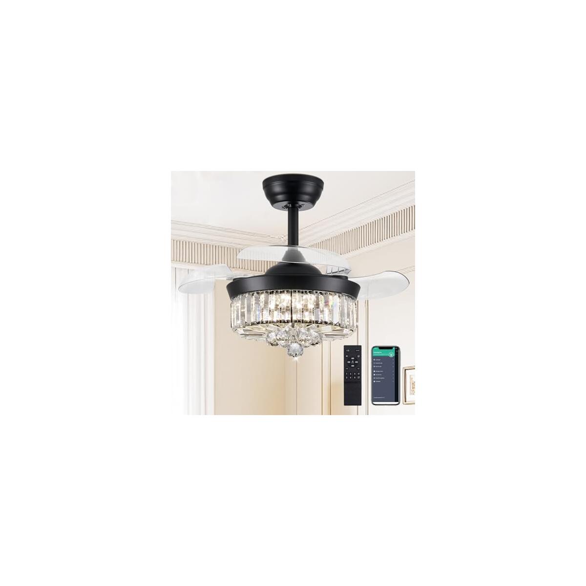 DuMaiWay 30" Chandelier Ceiling Fan with Light Crystal Fandelier Modern Reversible Ceiling Fan Dimmable Retractable Timer Remote APP Control for Dining Living Room Bedroom Black