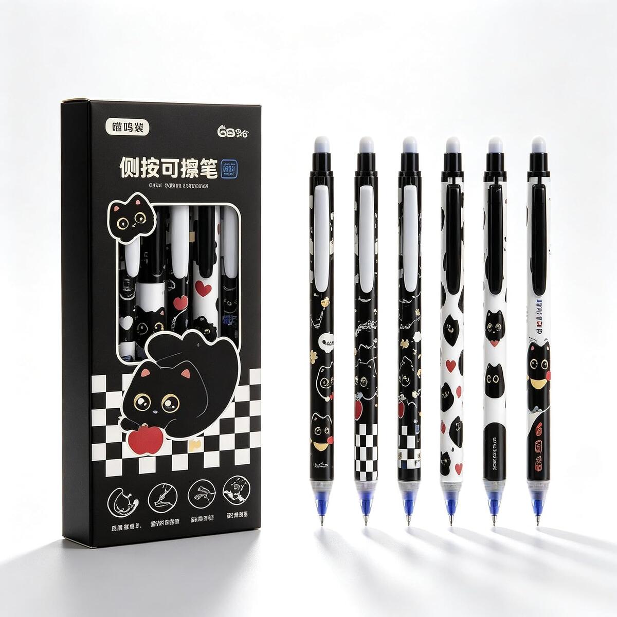 Kawaii Black Cat Erasable Gel Pens 0.5mm Blue Ink, 6 Pack