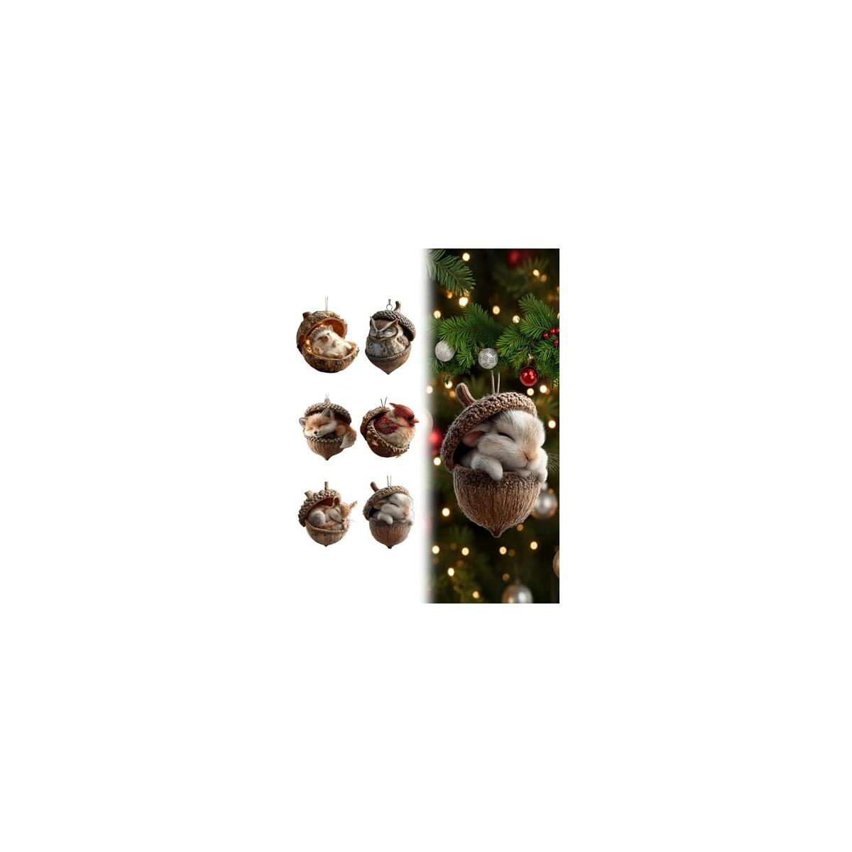 2026 New Forest Animal Acorn Ornaments, Acrylic Woodland Decor with Squirrel Fox Owl, Rustic Christmas Tree Ornaments for Holiday Decorations, Year-Round Home Accent Nature Enthusiasts(6PCS Flat)
