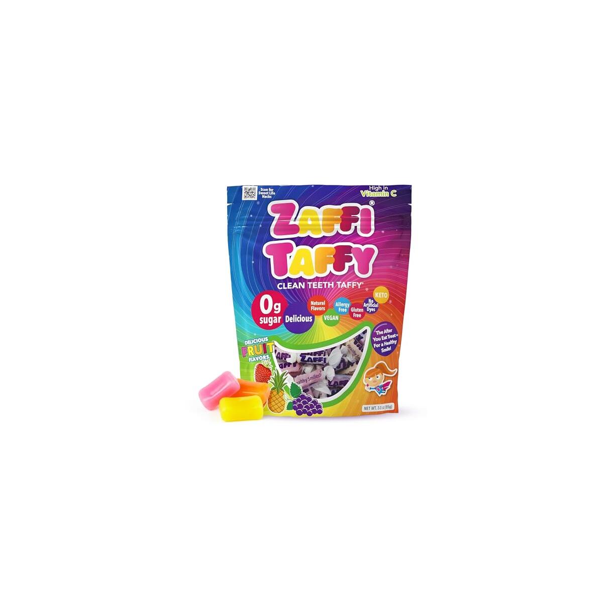 Zaffi Taffy Sugar Free Candy - Dye Free, Keto & Diabetic-Friendly, Dentist-Approved Treats for Kids (Natural Fruit Flavor, 3 oz)