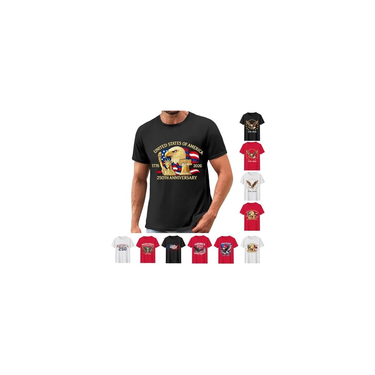 Men's 250 Anniversary USA Shirt Crewneck Pullover Tops Short Sleeve Shirts America Patriotic Falg T-Shirt