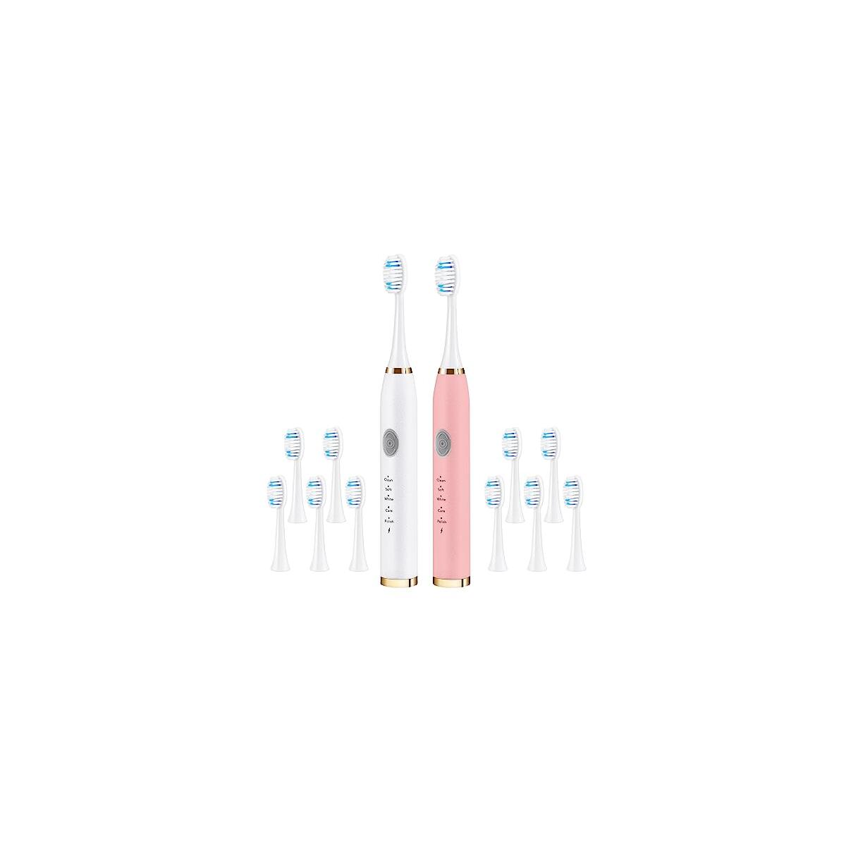 OOYY Rechargeable Adult Electric Toothbrush Kit – 10 Replacement Heads, 5 Modes, Long-Lasting 60-Day Battery, Travel-Friendly (White & Pink)