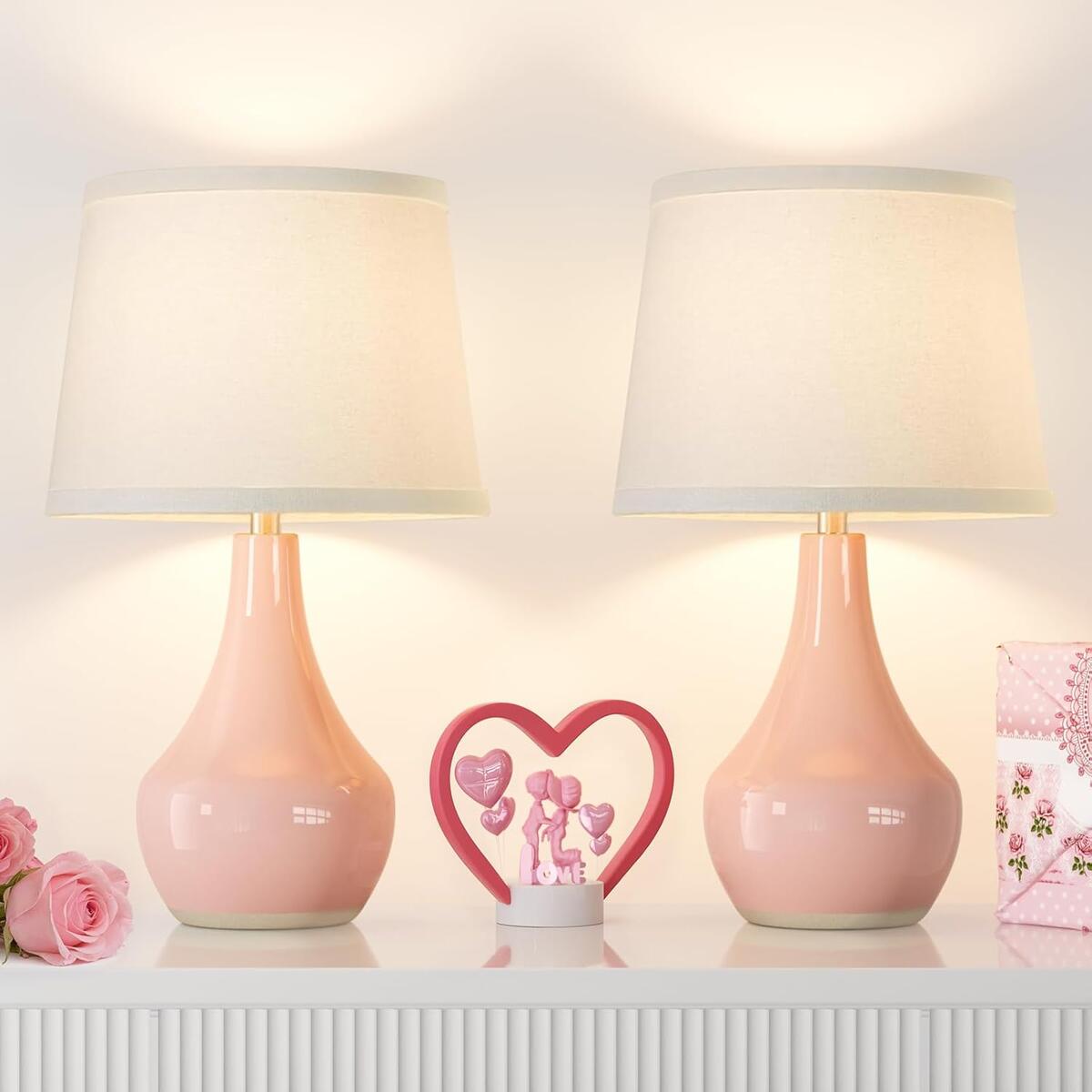 Seealle Modern Pink Table Lamps Set of 2 - Bedroom Lamps for Nightstand,19.4" Bedside Pink Lamp for Girls Room Living Room with Rocker Swtich