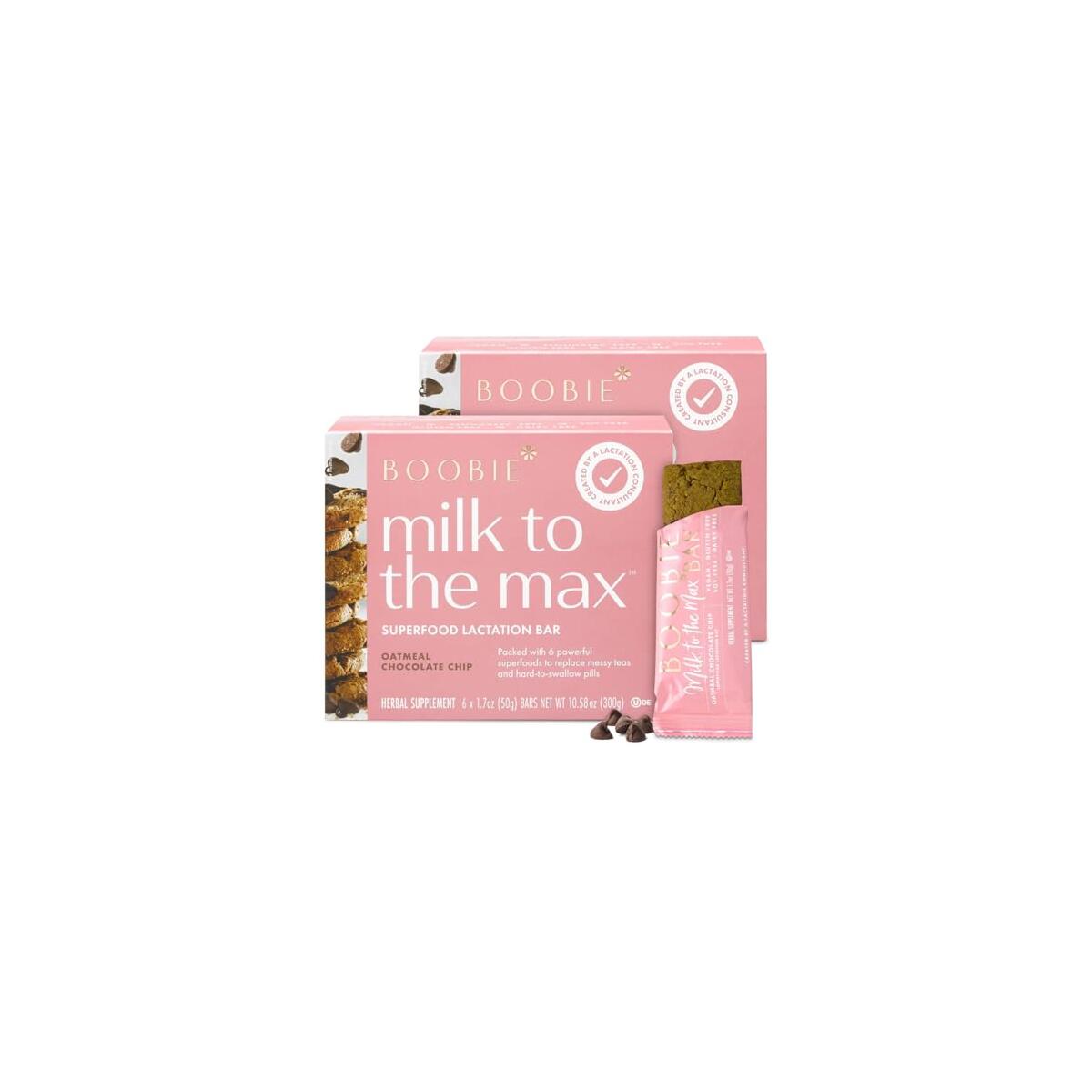 Boobie Bar Superfood Oatmeal Chocolate Chip Lactation Bar for Breastfeeding Moms to Increase Milk Supply | #1 Selling Lactation Snack Bars | Vegan, Fenugreek-Free, Gluten-Free, Dairy-Free (12 Bars)