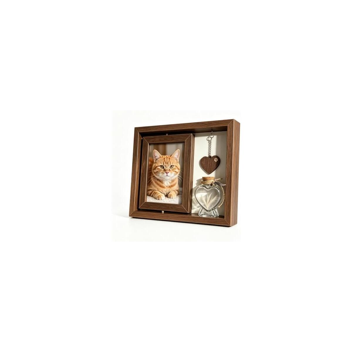 Pet Memorial Picture Frame with Heart Keepsake Bottle | 360&deg; Rotatable Double-Sided, Fits 4x6 inch Photos, DIY Wooden Heart Pendant, Natural Wood Frame, Includes Fluorescent Marker