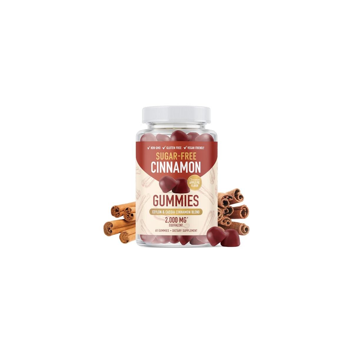Sugar-Free Cinnamon Gummies 2000MG with Ceylon Cinnamon & Cassia Complex | Sugar-Free Lifestyle Supplement & Guilt-Free Apple Pie Flavor with Chromium | Vegan, Non-GMO, Gluten-Free | 60 Gummies