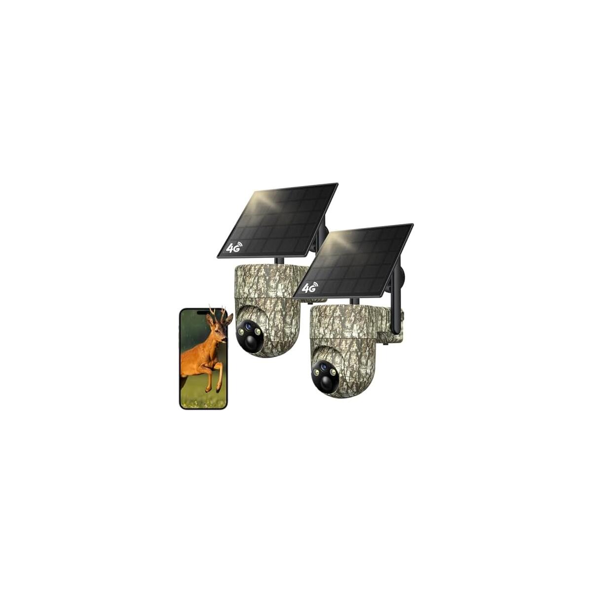 TKENPRO 4G LTE Cellular Trail Cameras, 360&deg; View Live Streaming Solar Cam | Game Camera Built-in SIM Card, PIR Motion Activated, 2K Night Vision, No WiFi Needed IP65 Security Camera Camo Print-2 Pack