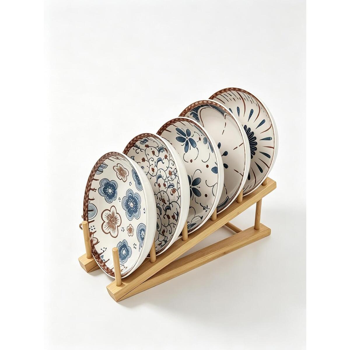 3-Slot Slanted Double-Layer Natural Bamboo Plate Rack Storage Stand
