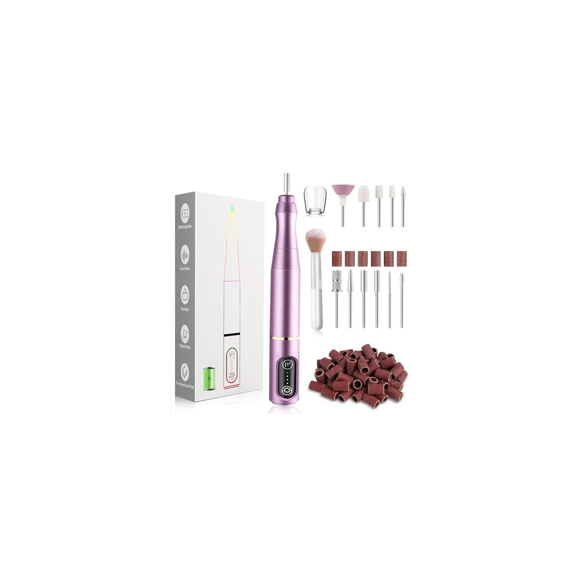 Cordless Nail Drill Electric Nail File Kit Rechargeable Professional Efile Nail Set, Portable Acrylic Gel Nail Polish Remover Machine Pedicure Manicure Tool, 11 Bits 56 Sanding Bands Salon Home