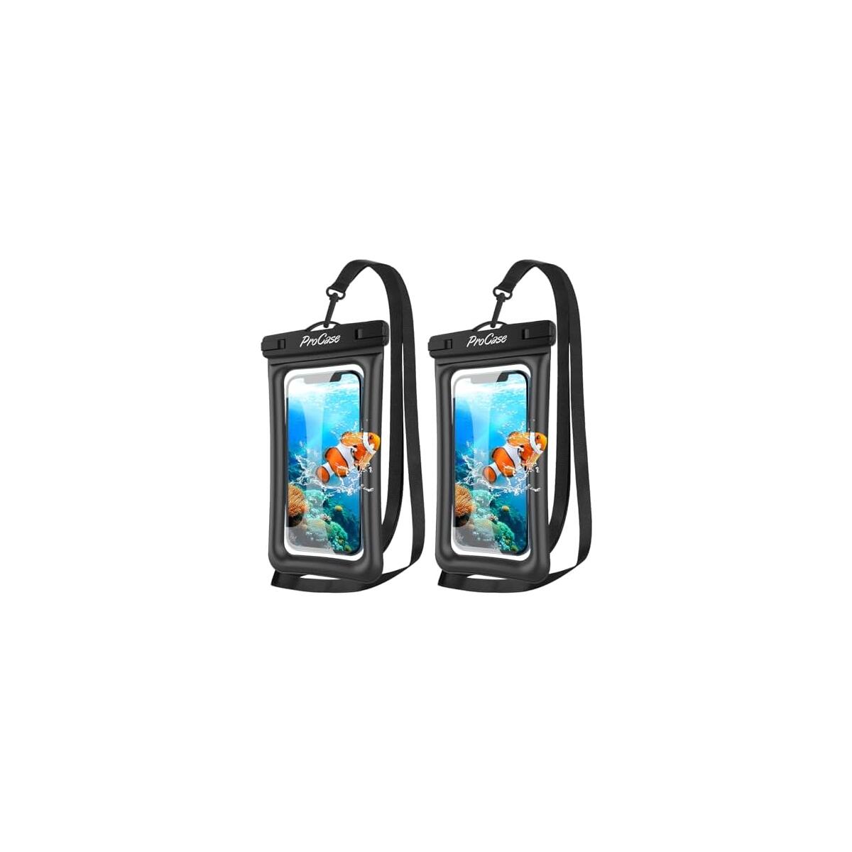 ProCase 2 Pack Floating Waterproof Phone Pouch IPX8, Universal Dry Bag Fits iPhone 17/16/15/14/13 Series, Galaxy S24/S23/S22, Pixel 8/7 (Up to 7&rdquo;), Touchscreen, Underwater & Snow Protection -Black