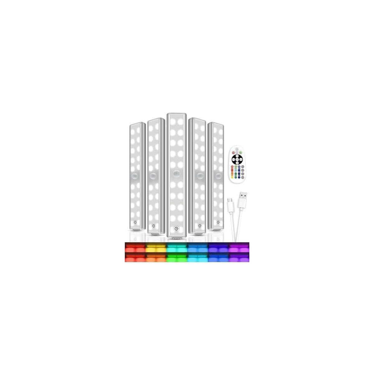 Under Cabinet Lighting,48LED RGB Rechargeable Under Cabinet Lights with Remote,Dimmable & 15 Color Temps,Magnetic Closet Light Bar,Wireless Under Counter Lights for Kitchen,Car,Shelf(5 Pack)