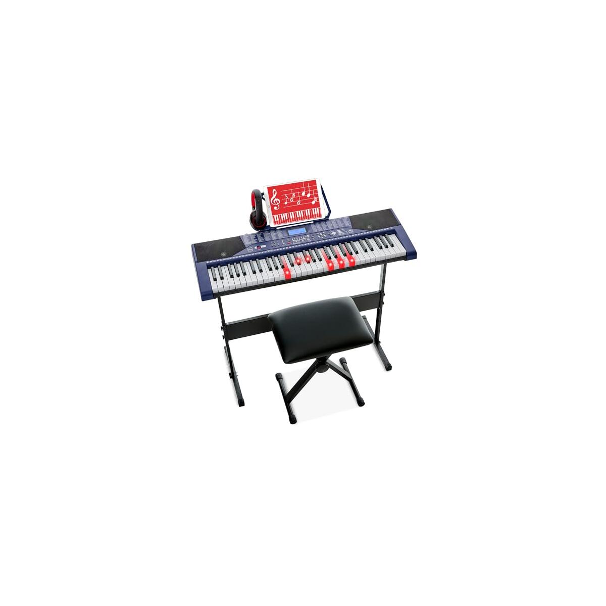 Best Choice Products 61-Key Beginners Complete Electronic Keyboard Piano Set w/Lighted Keys, LCD Screen, Headphones, Stand, Bench, Teaching Modes, Note Stickers, Built-In Speakers - Blue