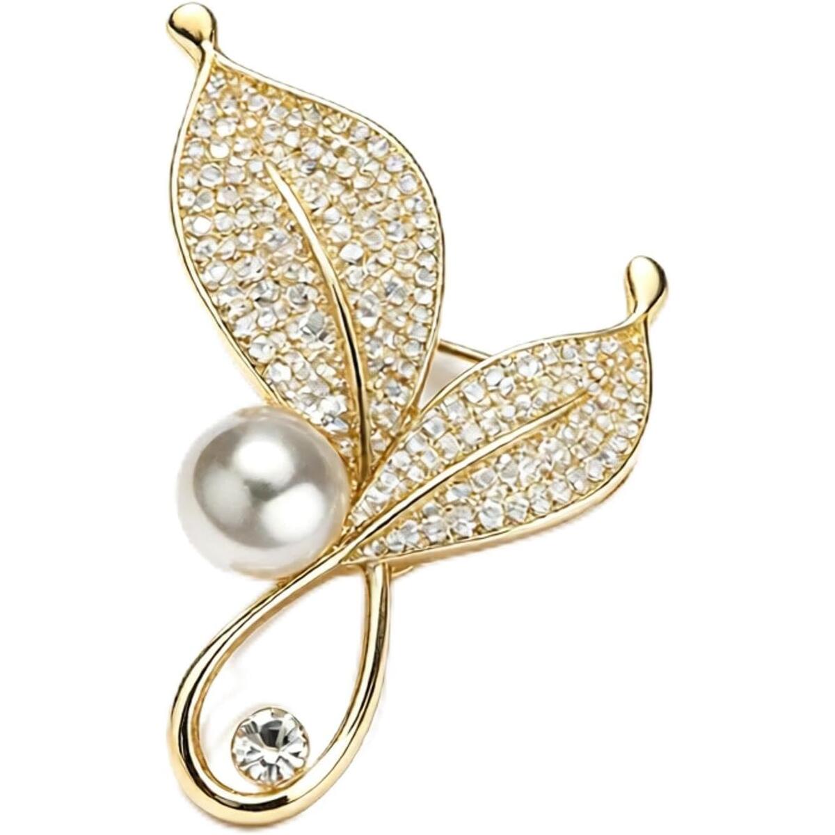 Leaf Pearl Brooch Pin with Rhinestone Crystal