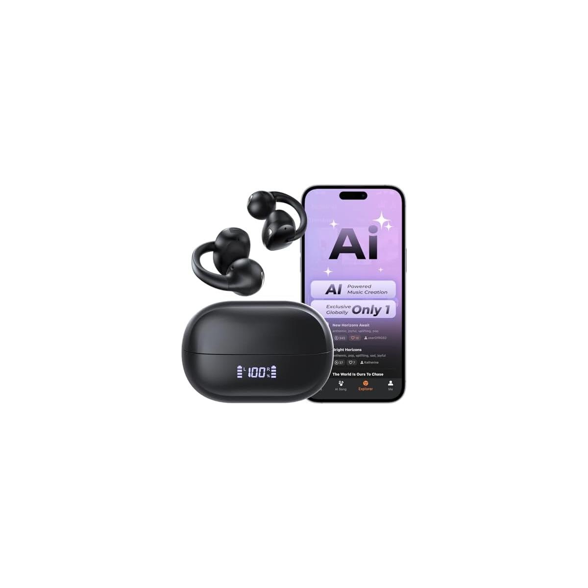 PRIME DAY DEAL! Haowolf Open Ear Bluetooth 5.4 Bone Conduction Headphones, 4 Mics Clear Calls Wireless Clip On Earbuds, 5.7g Ultra-Light, AI Music Generator, 30H Hi-Fi Stereo Playtime for Running, Black