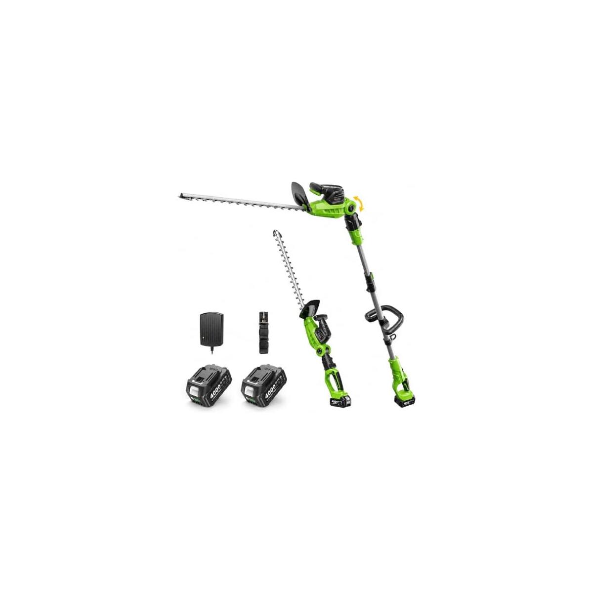 TaskStar 2-in-1 Pole Hedge Trimmer: 20 Inch Dual Action Blade 20V Powered | Cordless Electric Bush Trimmer with Telescopic Extension Pole, 2 4.0Ah Batteries, Adjustable Head for Shrubs Hedges Yard