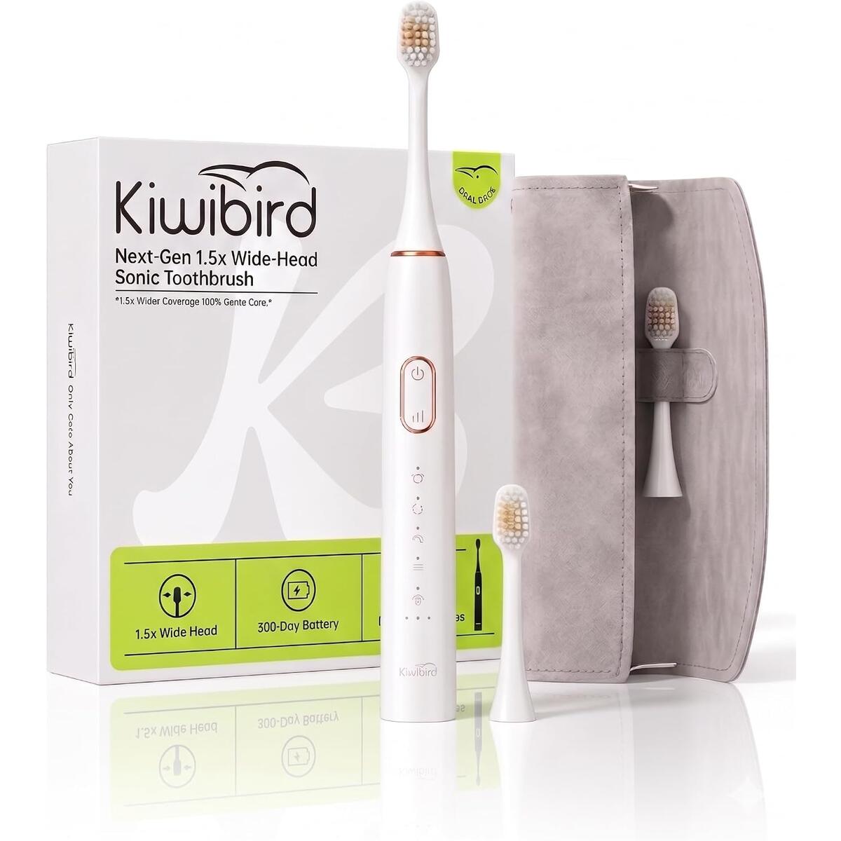 KIWIBIRD K5 Sonic Electric Toothbrush, 1.5X Wider Brush Head for 50% Faster Cleaning, High-Efficiency Power Plaque Removal, 180-Day Battery, 5 Modes & 3 Intensities (White)