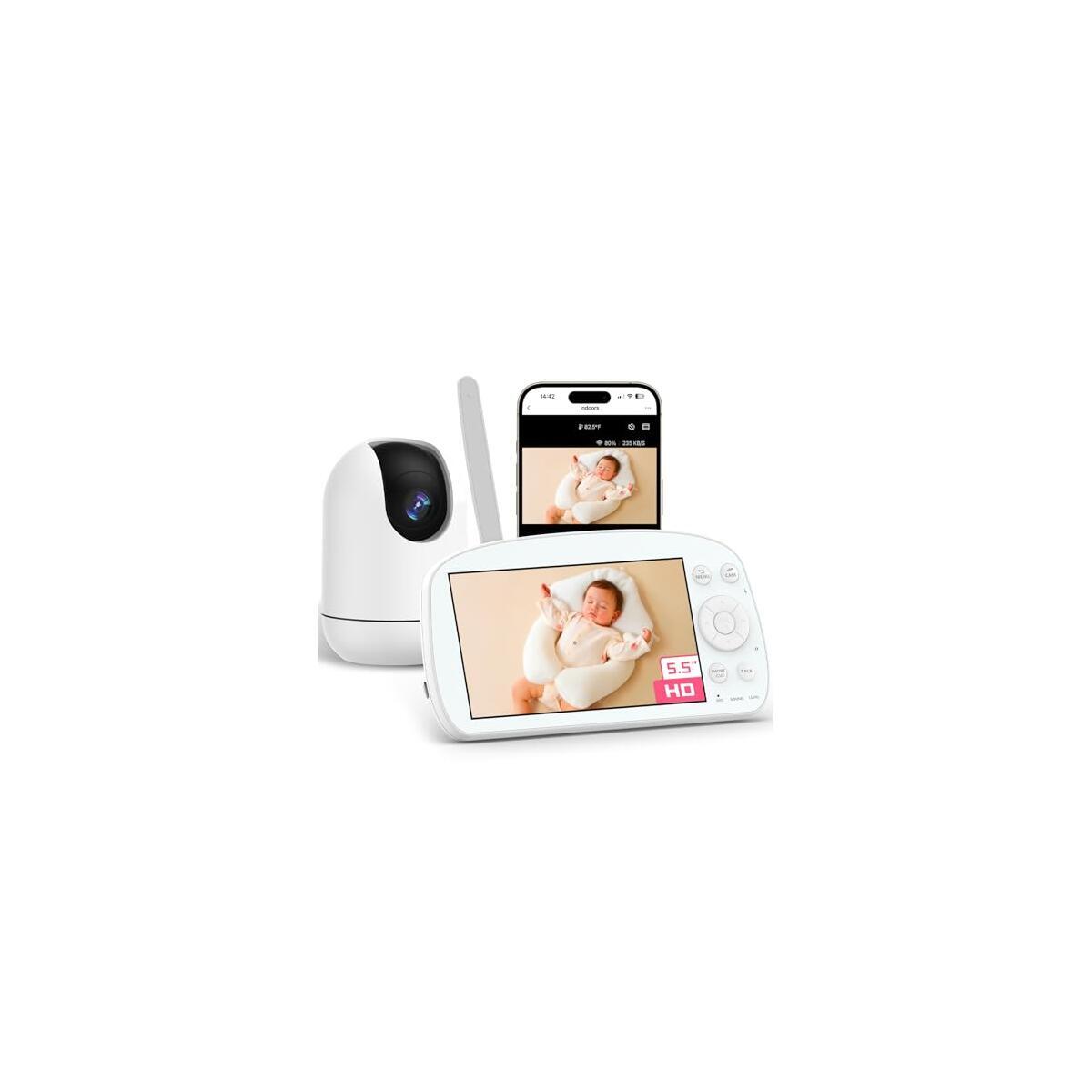 Smart WiFi Baby Monitor with Camera and Audio, 5.5” 1080P Wall-Mountable Display, 360° Pan & Tilt, HD Night Vision, Soothing Music, Multi-User Support, Two-Way Talk, Temperature & Motion Detection