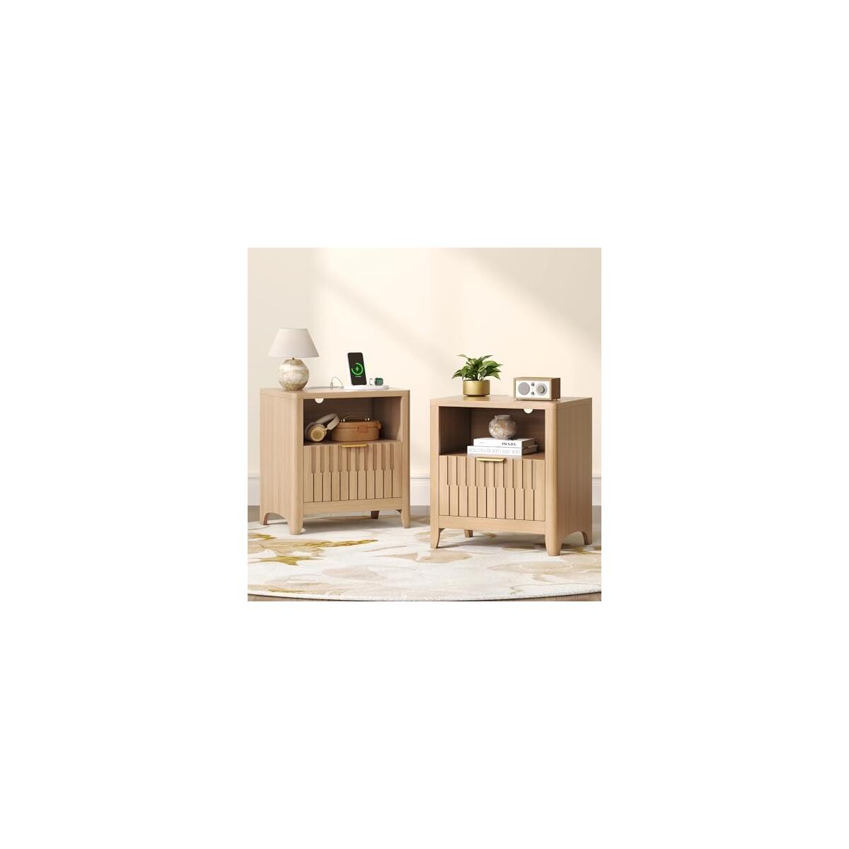 Fluted Nightstand Set of 2 with Charging Station, Modern Bedside Table with Storage Drawer, Open Shelf & Curved Corner, Night Stand End Side Table for Bedroom, Natural Oak
