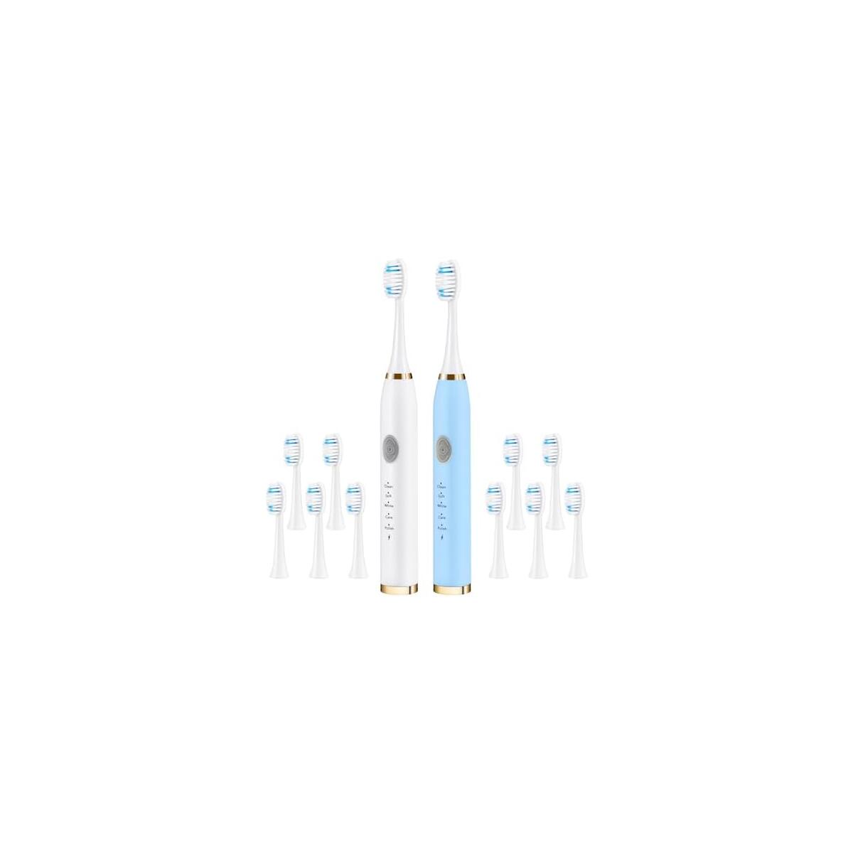 Dnil 2 Pack Electric Toothbrush for Adults and Kids, Travel Toothbrush Includes 10 Replacement Toothbrush Heads, 5 Modes with 2 MIN Smart Timer (Blue White)