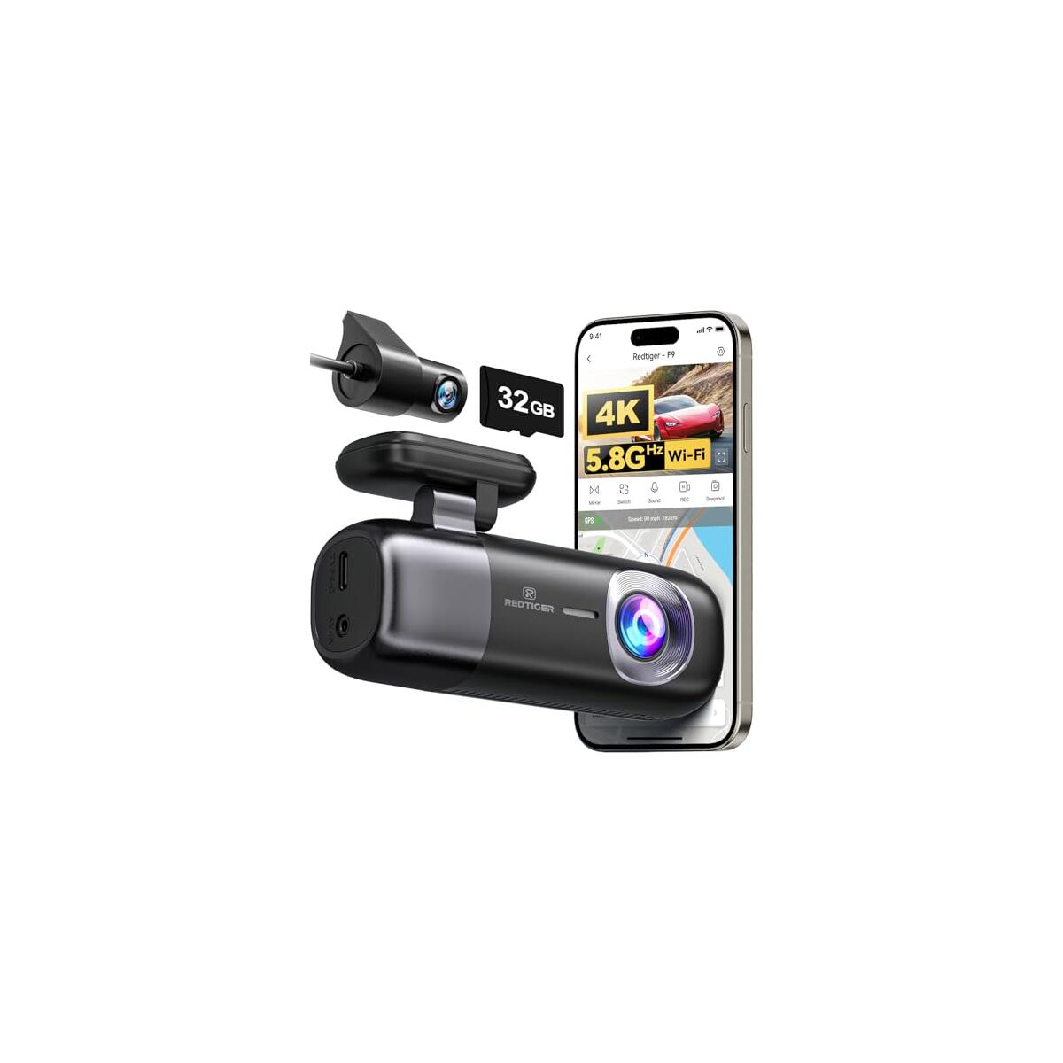 REDTIGER F9 Dash Cam 4K Front and Rear 1080P, WiFi GPS Car Camera with 32GB Card, Dual Dash Camera for Cars, Loop Recording, Night Vision, Parking Mode, Smart App Control, Support 256GB Max