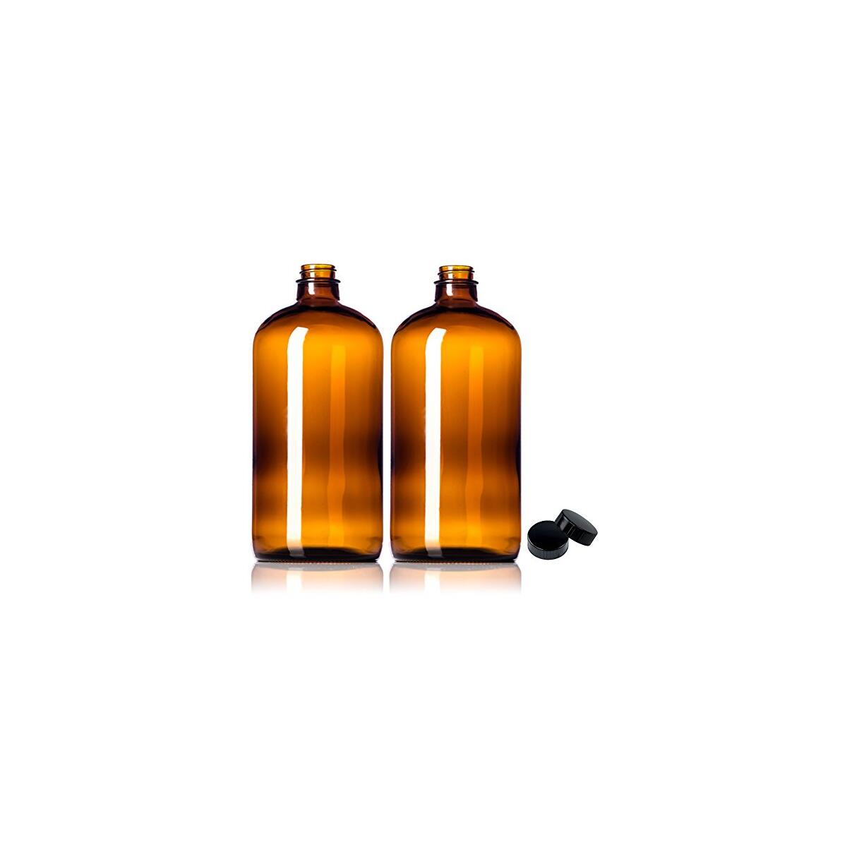 Sally's Organics 32oz Amber Glass Bottles - 2 Pack with USA-Made Tight Seal Lids - Quart-Sized Brown Glass Growlers for Beer, Kombucha, and Juice Storage