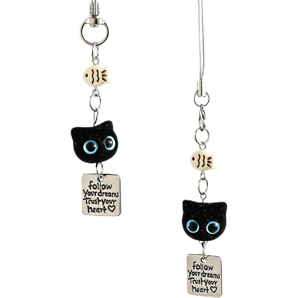Flocked Black Cat Phone Charm with Fish Pendant