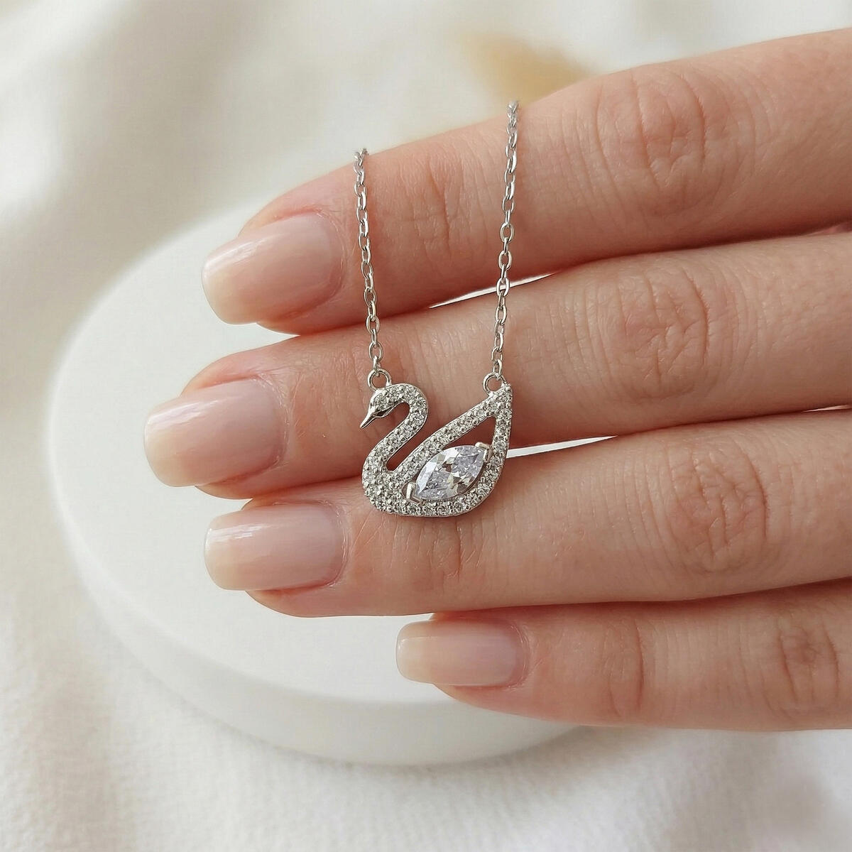 Gold Plated Sterling Silver Swan Necklace with CZ Stone, Elegant Bird Jewelry