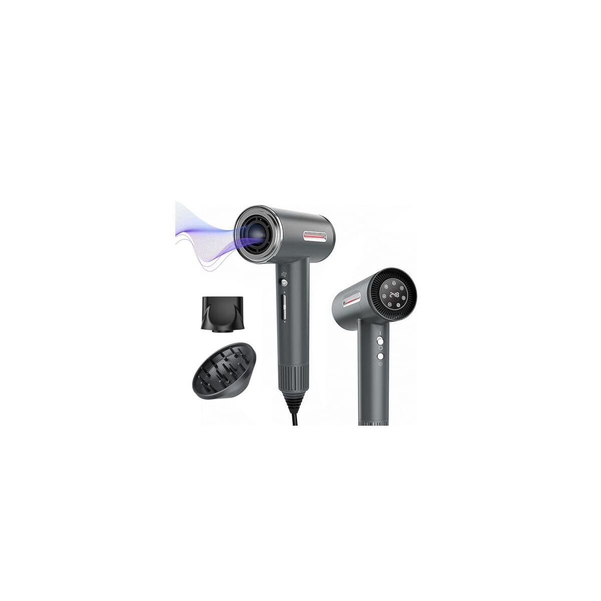 Hair Dryer, 180000 RPM High-Speed Brushless Motor, 1 Min Fast Drying & No Heat Damage, 600 Million Negative Ions with Concentrator & Diffuser, Salon-Level 7 Temp / 3 Speed, HD Digital Screen,Gunmetal