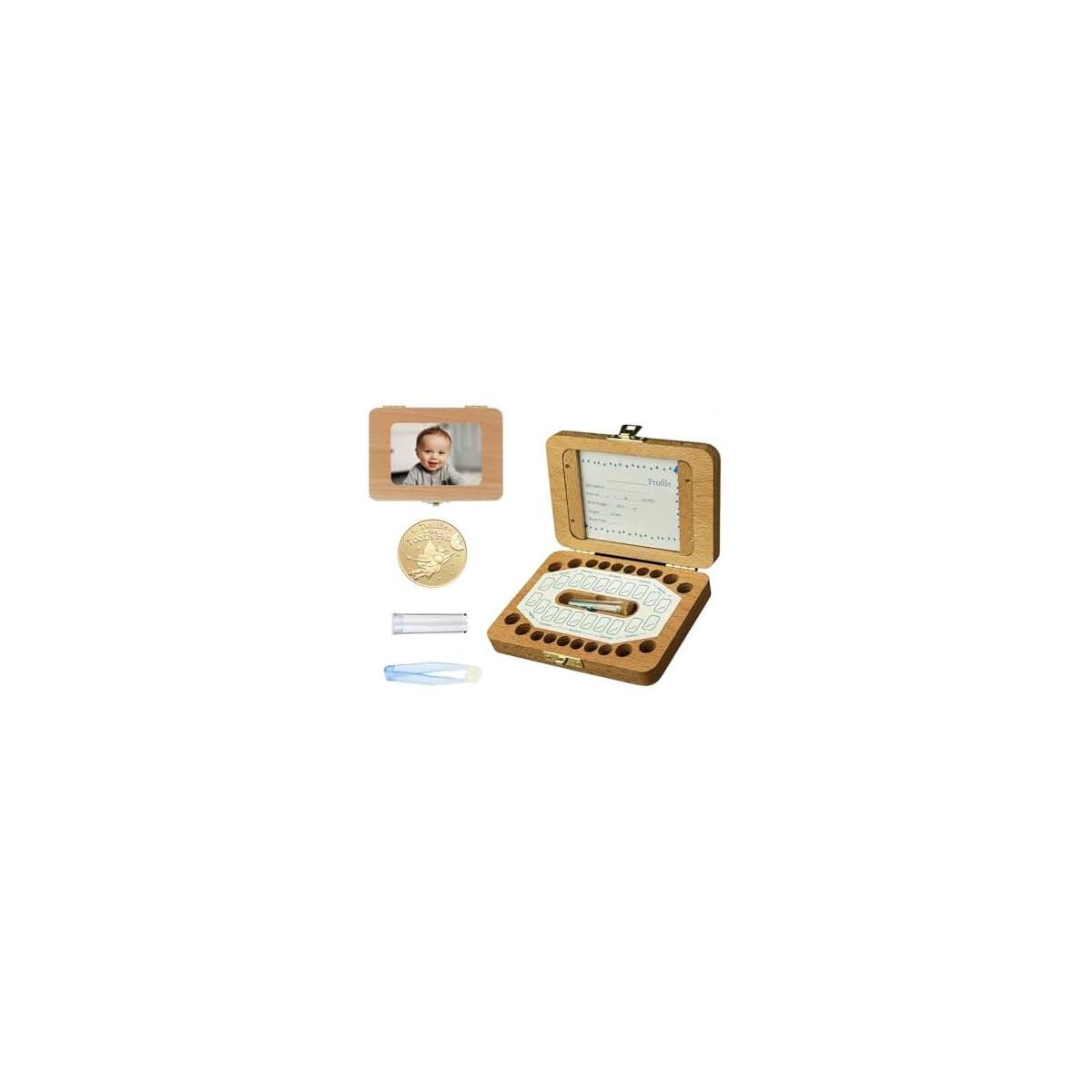 Tooth Fairy Tooth Holder for Kids, Fairy Baby Keepsake Box for Lost Teeth, Wooden Umbilical Cord Keepsake Box with Photo Frame & Coin, Storage Case to Keep a Child's Memories - Gift for Boys & Girls