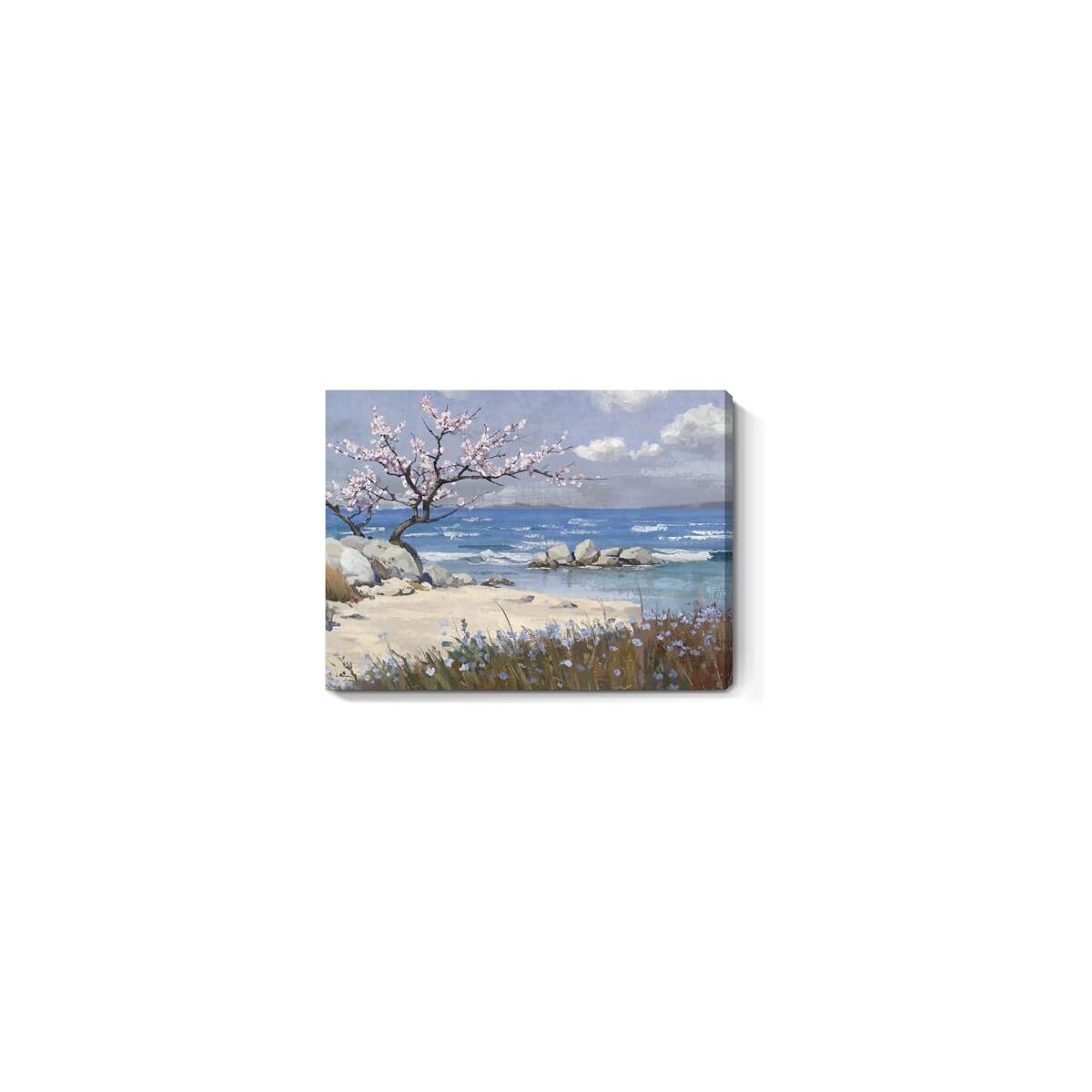 amatop Coastal Wall Art Small Bathroom Bedroom Kitchen Decor, Serene Pink Blossom Floral Tree Shore Calm Sea Beach Landscape Canvas Print Blue Ocean Scenery Abstract Nature Artwork for Walls 16x12 In