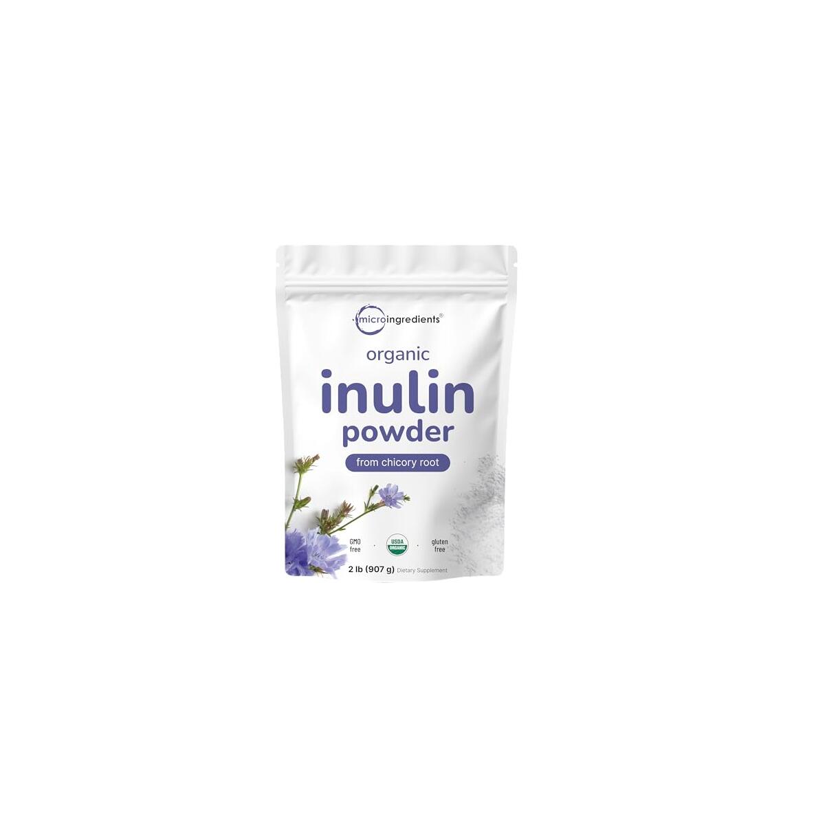 Micro Ingredients Organic Inulin Fiber Powder, 2lb | Natural Prebiotic to Support Digestive & Gut Health | Soluble, Easily Digestible | Unflavored, Vegan