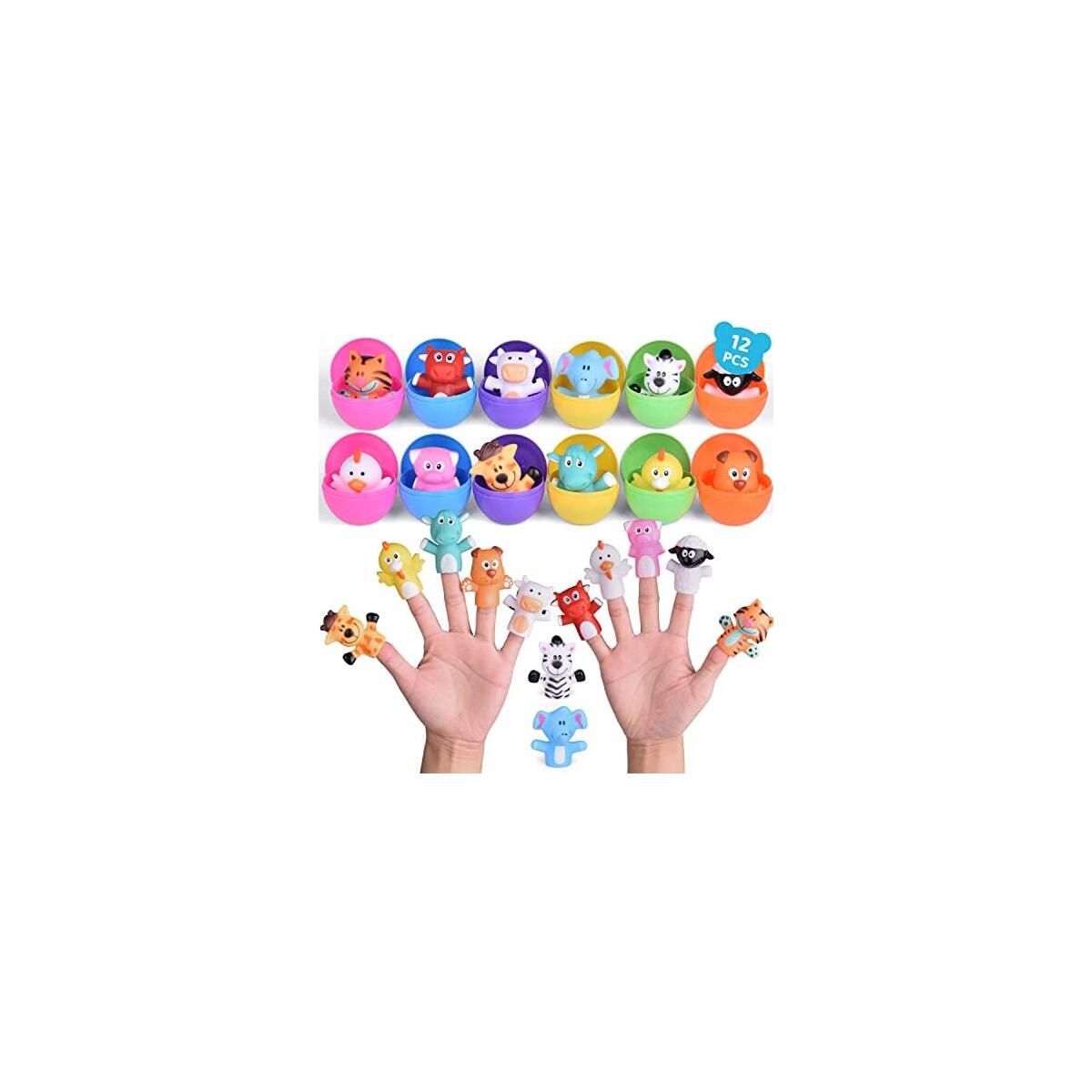 FUN LITTLE TOYS 12 PCs Easter Eggs Prefilled with Animal Finger Puppets, Easter Party Favors, Easter Basket Stuffers, Fillers Easter Egg Hunt, Goodie Bags Fillers, Classroom Prizes (12PCS)