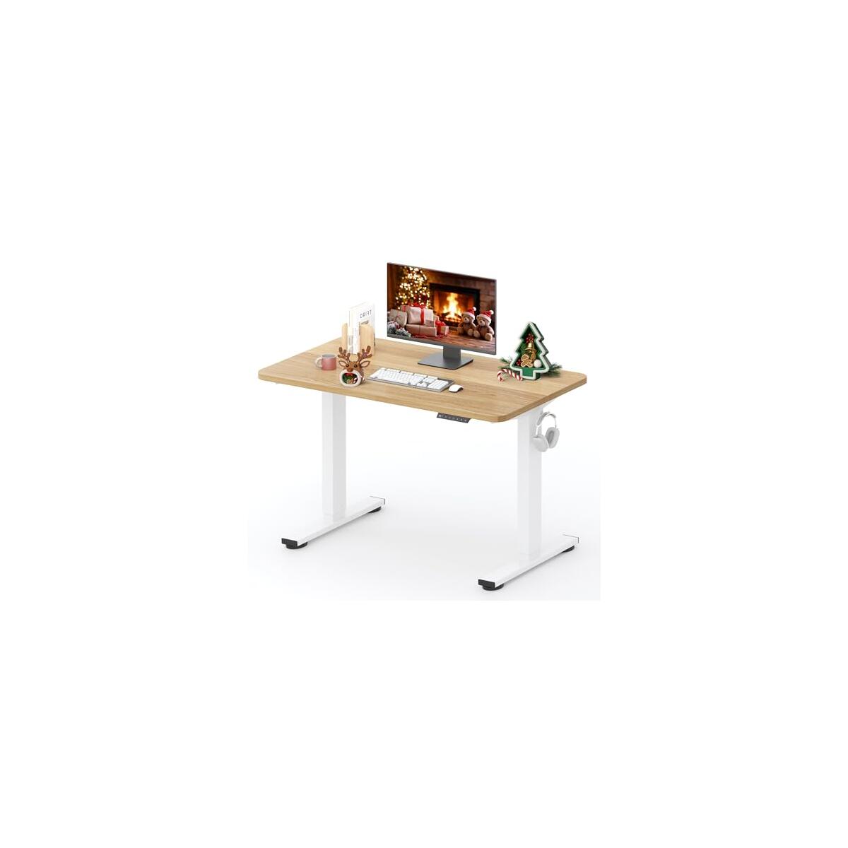SANODESK Standing Desk Height Adjustable Electric 40x24 Inches Sit Stand Desk for Home Office Ergonomic with Splice Board Two Hooks, White Frame/Maple Top
