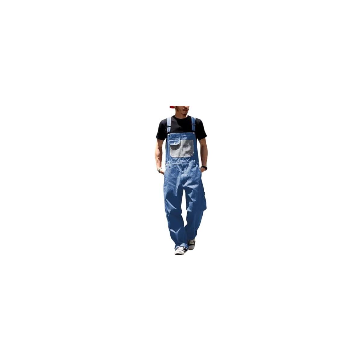 Denim Overalls for Men Sleeveless Wide Leg Jean Jumpsuits Cargo Work Bib Overall Workout Athletic Romper with Pockets