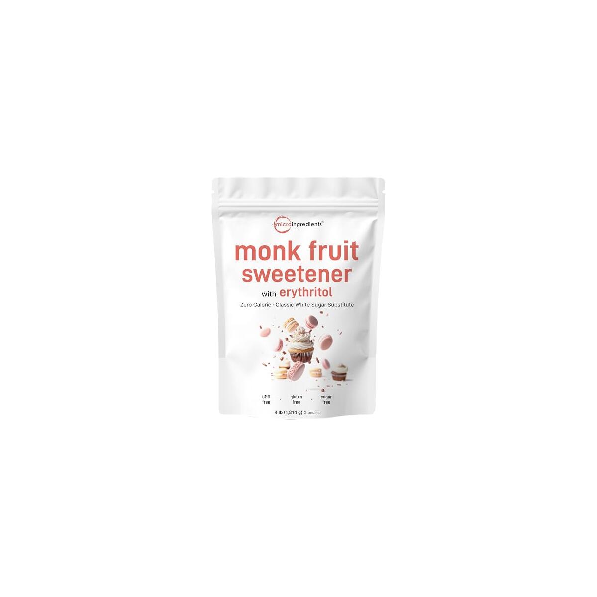 Monk Fruit Sweetener with Erythritol Granules, 4 Pounds, No After Taste, 1:1 White Sugar Substitute, Keto Diet Friendly, Zero Calorie, Natural Sweetener for Drinks, Coffee, Tea, Cookies, No-GMO, Vegan