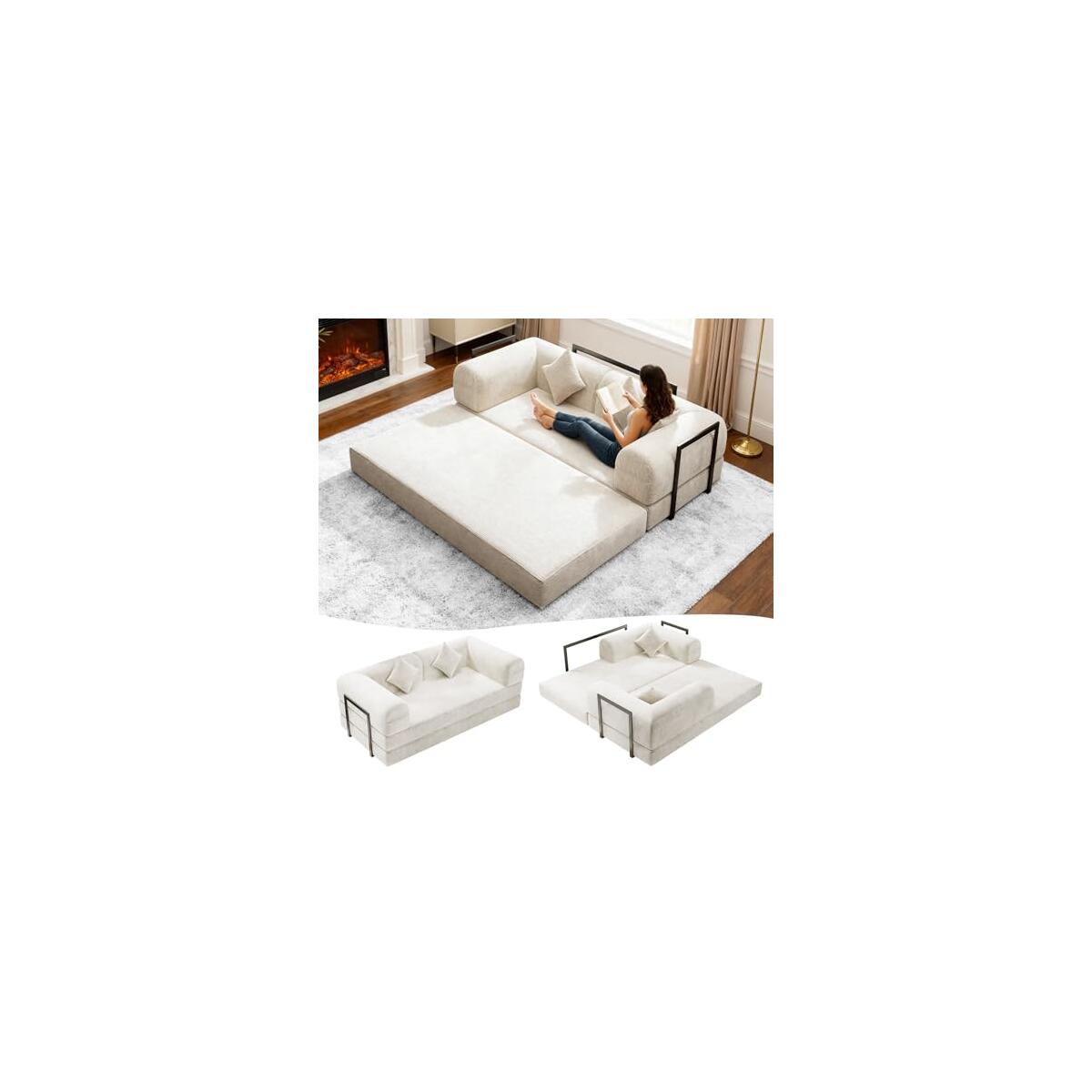 4-in-1 Folding Convertible Sofa Bed, 78 Inch Boneless Couch with Fixed-Shape Frame, Loveseat Sleeper with Pull Out Bed, Floor Sofa Modular Futon Couch for Living Room Bedroom Lounge (Beige)