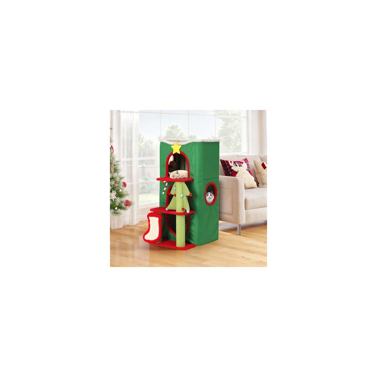 YITAHOME Christmas Cat House with Scratching Post: 3-Storey Cat Beds for Indoor Cats, Kitty Condo with Highway Cave & Plush Perch, Modern Cube Playhouse for Multi Kittens