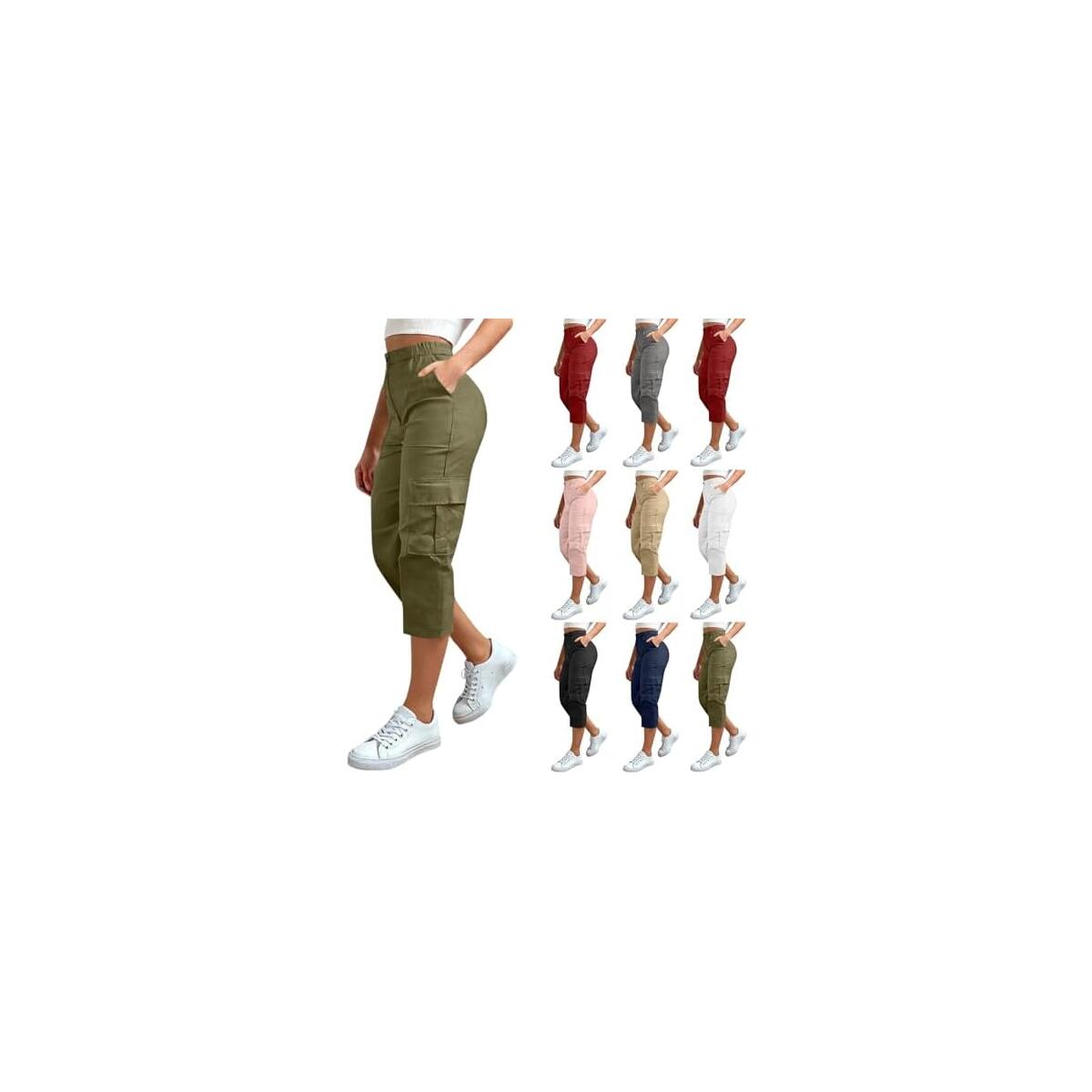 Cargo Capris for Women Casual Button Loose Travel Hiking Capri Pants Plus Size High Waisted Cropped Pant with Pockets