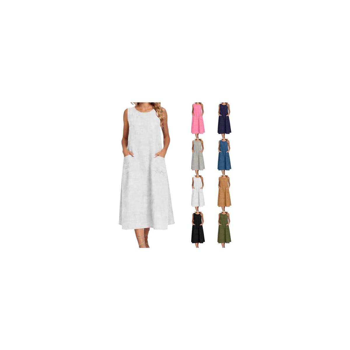Linen Dress Women Casual Sleeveless Sleeve Crew Neck Maxi Dresses Summer Loose Flowy Long Sundress with Pockets