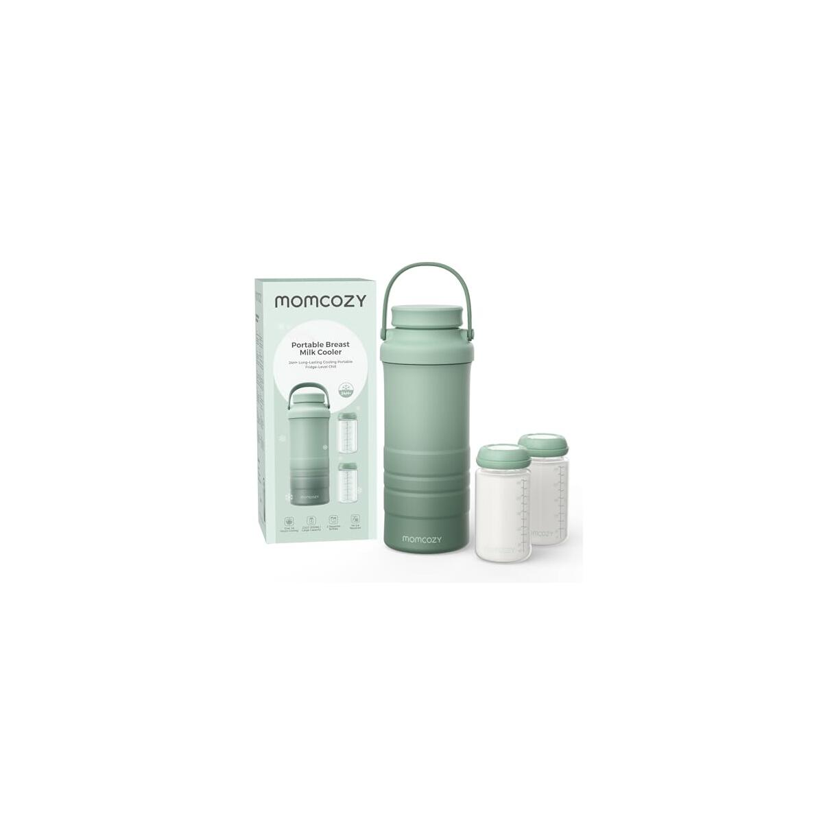 Momcozy 22oz Portable Breast Milk Cooler for Outdoor, Life Saver with 360&deg; Total Cooling for 24 Hours, Larger Capacity Travel Breastmilk Chiller with 2pcs Baby Bottles for Breastmilk Storage, Green