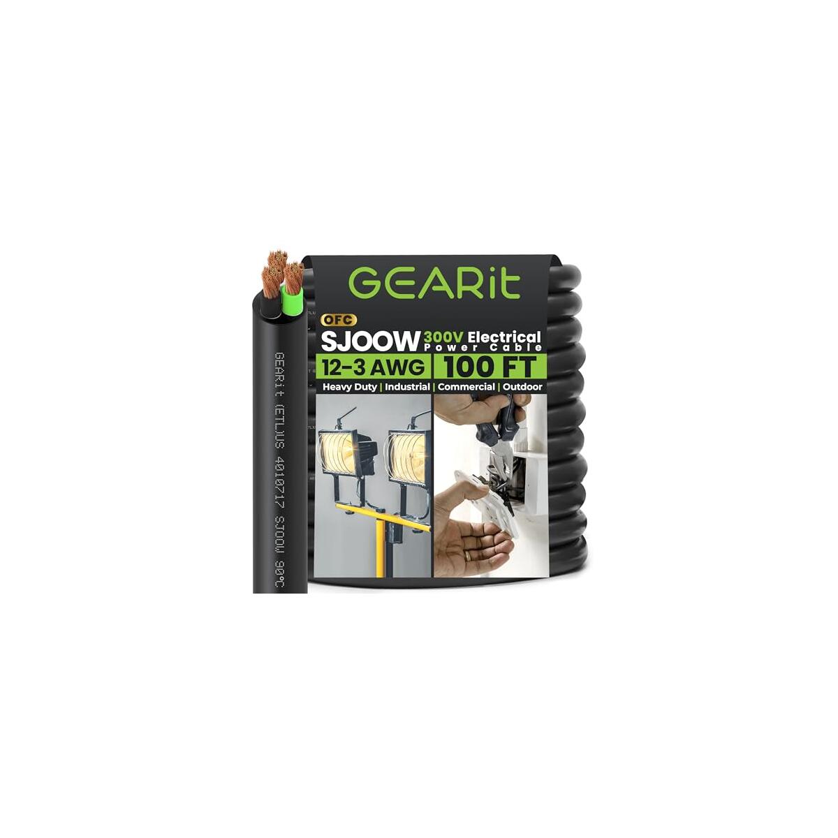 GEARit 12/3 12 AWG Portable Power Cable (100 Feet - 3 Conductor) SJOOW 300V 12 Gauge Electric Wire for Motor Leads, Portable Lights, Battery Charger, Stage Lights and Machinery -100ft Electrical Cord