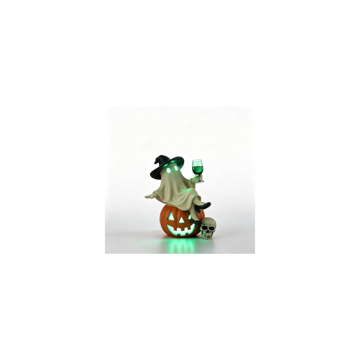 Halloween Ghost Sitting on Pumpkin Figurine with LED