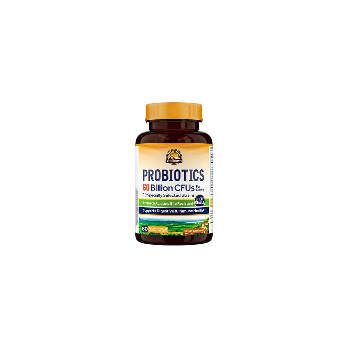 Vitalitown Probiotics + Prebiotics | 60 Billion CFUs 19 Strains | 60 Delayed Release Veg Caps | Shelf Stable, Prebiotics and Probiotics | Digestive Health, Immune Health | Vegan, Non-GMO, No Dairy