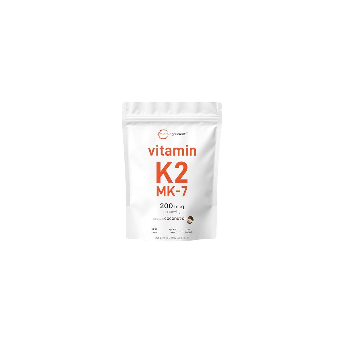 Micro Ingredients Vitamin K2 MK-7 Supplement, 200 mcg Per Serving, 300 Coconut Oil Softgles | Easily Absorbed, Active Menaquinone Form | Immune, Joint, & Heart Support | Non-GMO