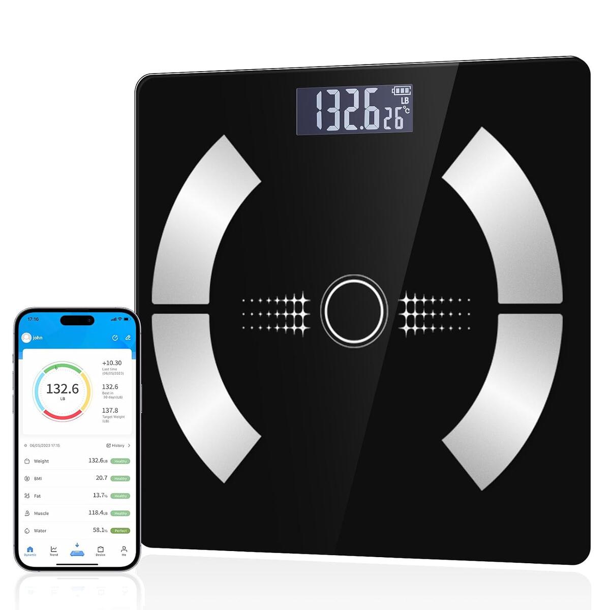 Digital Smart Scale for Body Weight and Body Composition &ndash; BMI, Body Fat, Muscle Mass Reading, Bluetooth Sync with Compatible Apps, Personal Use at Home【Black】